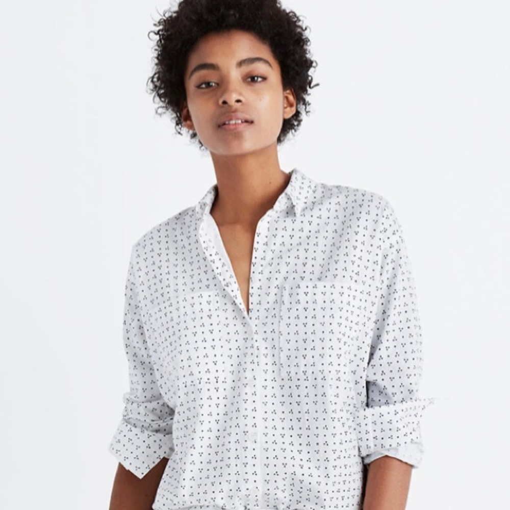 Madewell White Button-Down Shirt with Black Micro Print